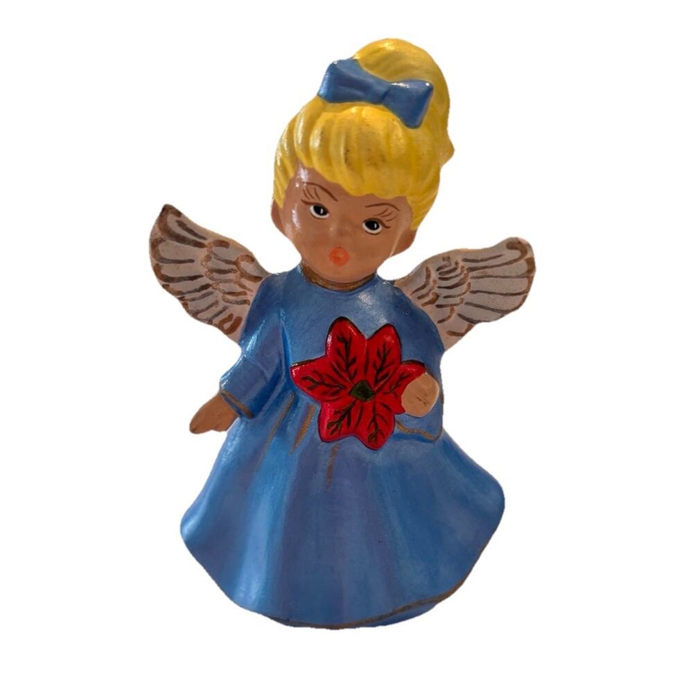 Vintage Christmas Angel Figurine Poinsettia Figurine Mid Century Decor MCM Blue